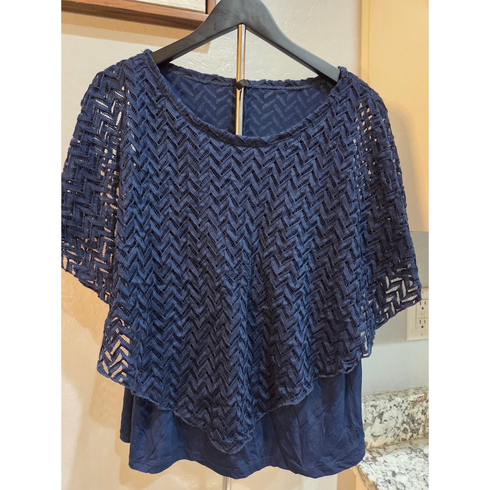 Vintage Ashley Blue Navy Crochet Lace Chevron Layered Poncho Top Size Large 2216
